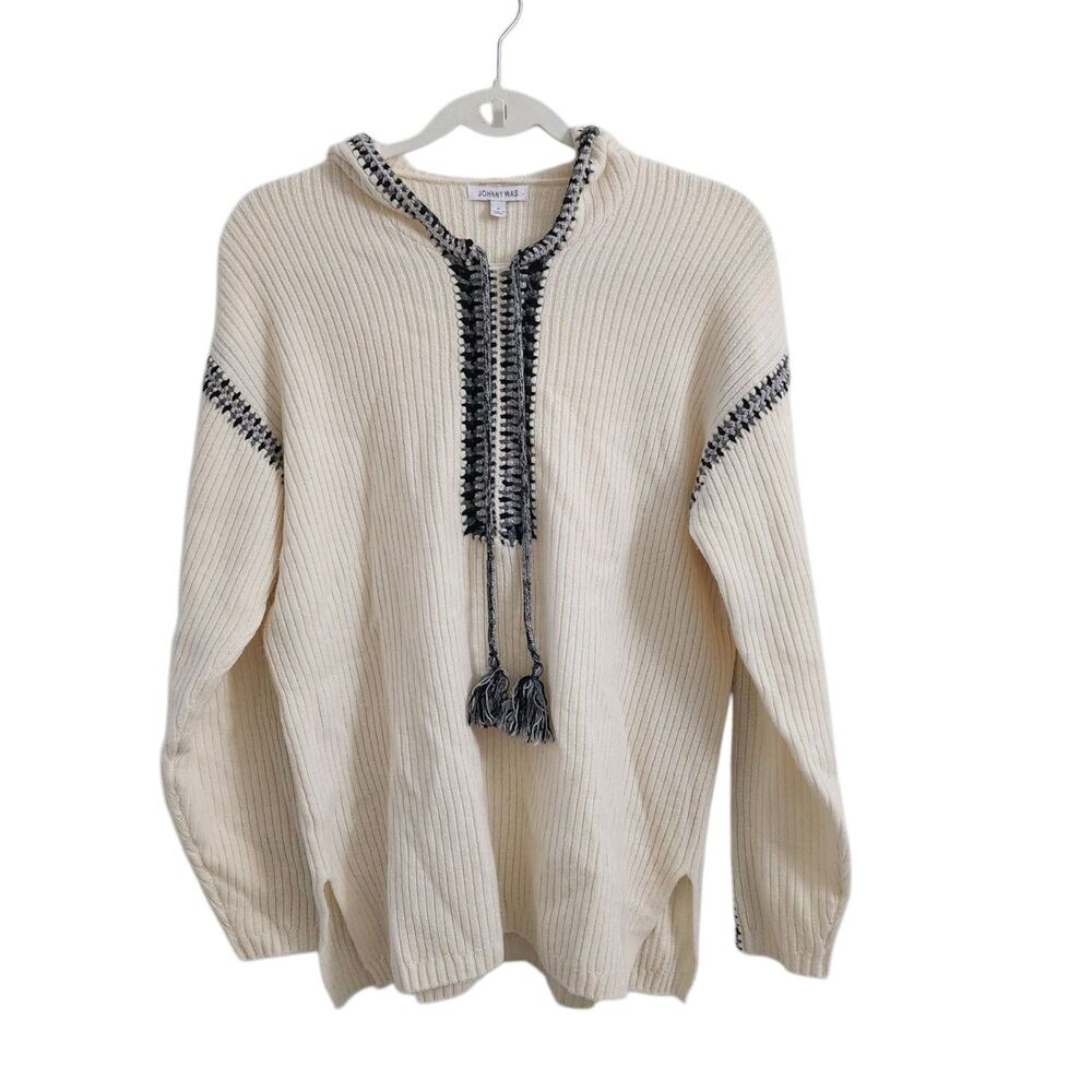 Johnny Was Sweater Small Cream Beltran Baja Rib Wool Cashmere Whipstitch Hoodie